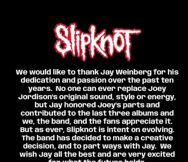 SLIPKNOT Parts Ways With Drummer JAY WEINBERG